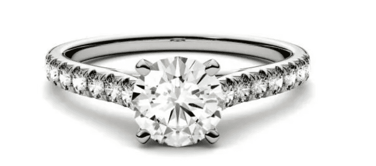 CTW Round Forever One Moissanite Solitaire with Side Accents Engagement Ring in 14K White Gold